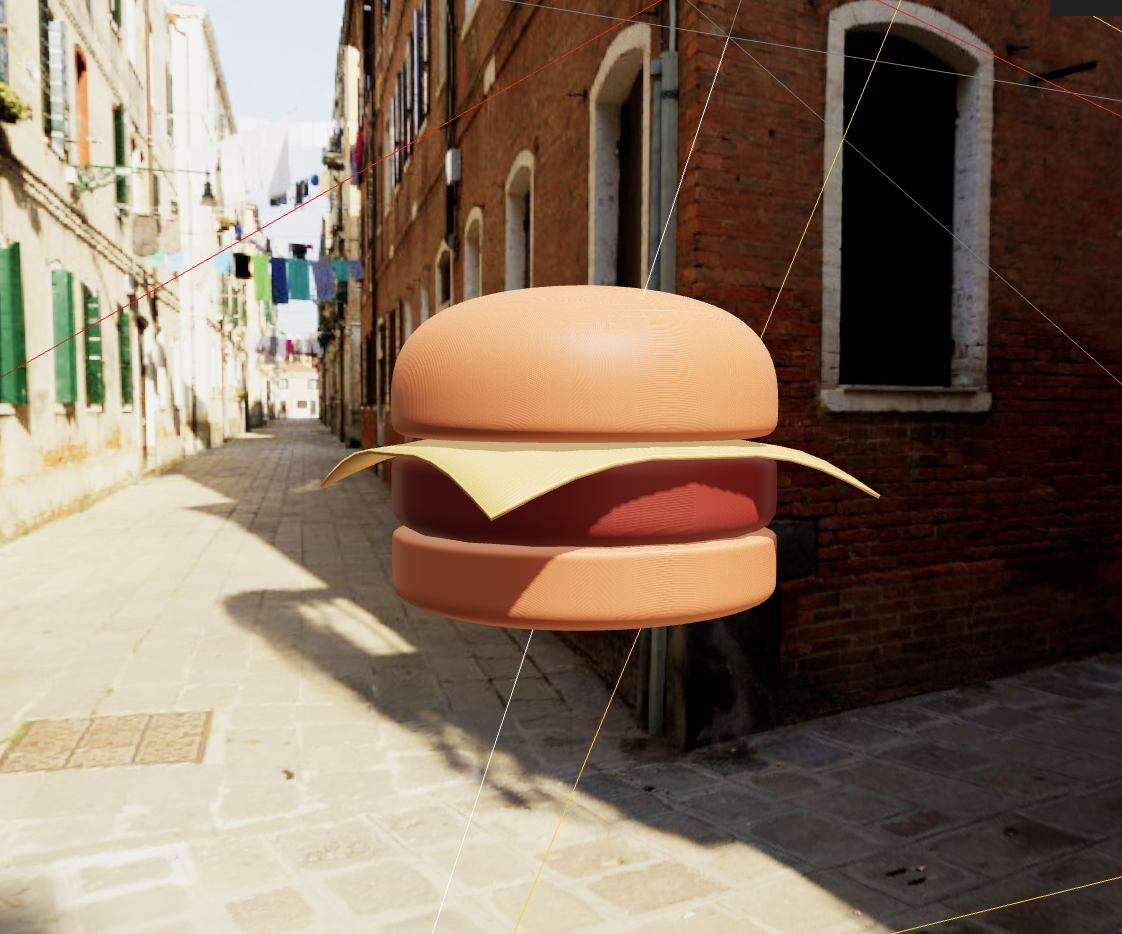 A 3D-modeled burger (smooth) on a background photograph