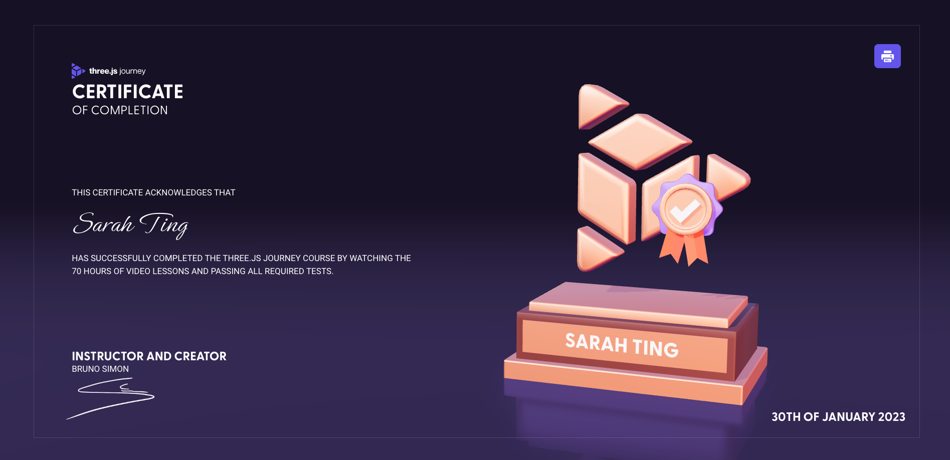 Sarah's certificate of completion for ThreeJS Journey