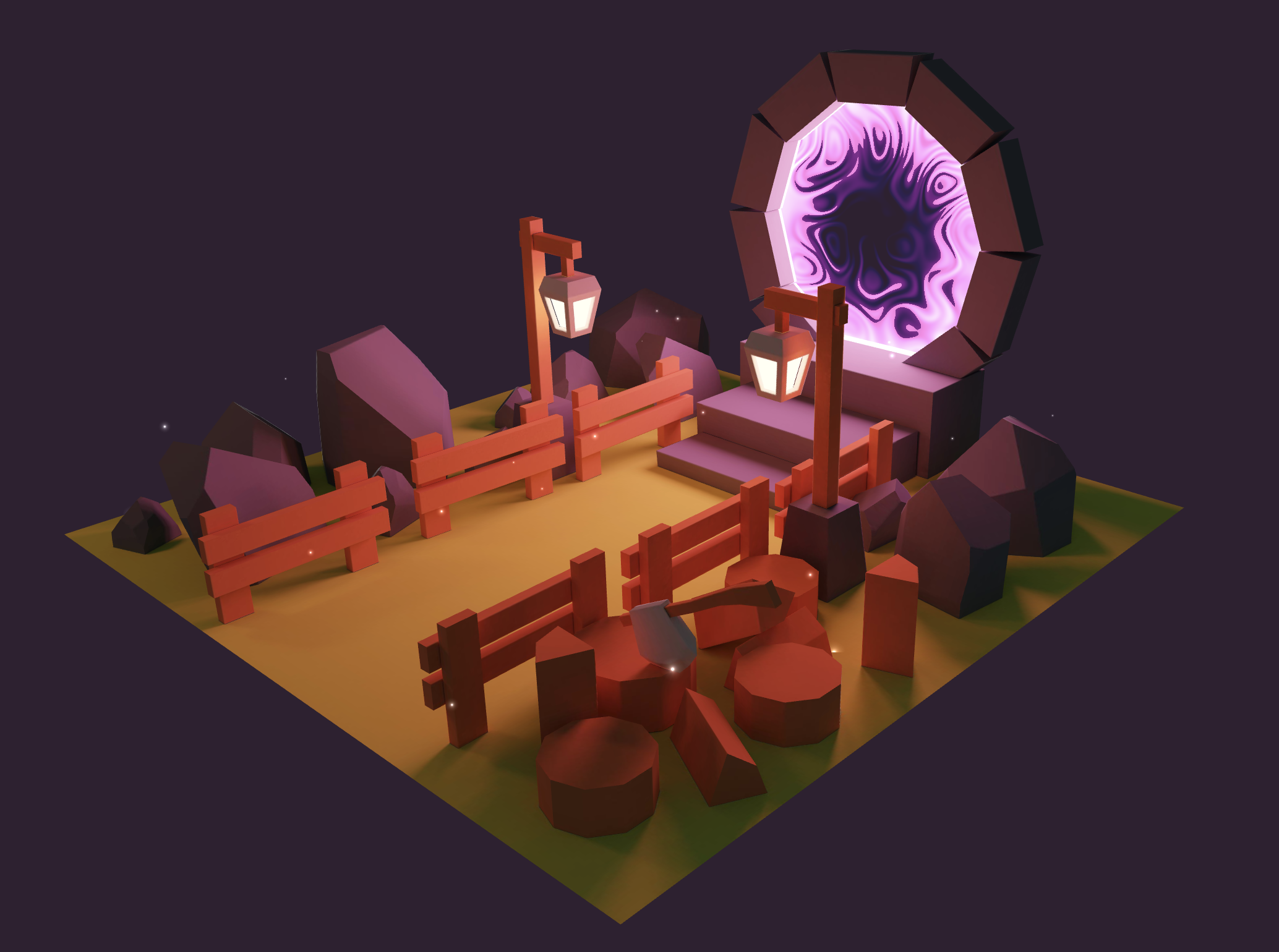 A 3D-modeled scene depicting a fenced path leading to a magical portal surrounded by rocks and wood stumps